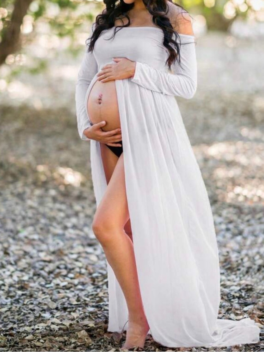 Off-Shoulder Maternity Maxi Dress in White